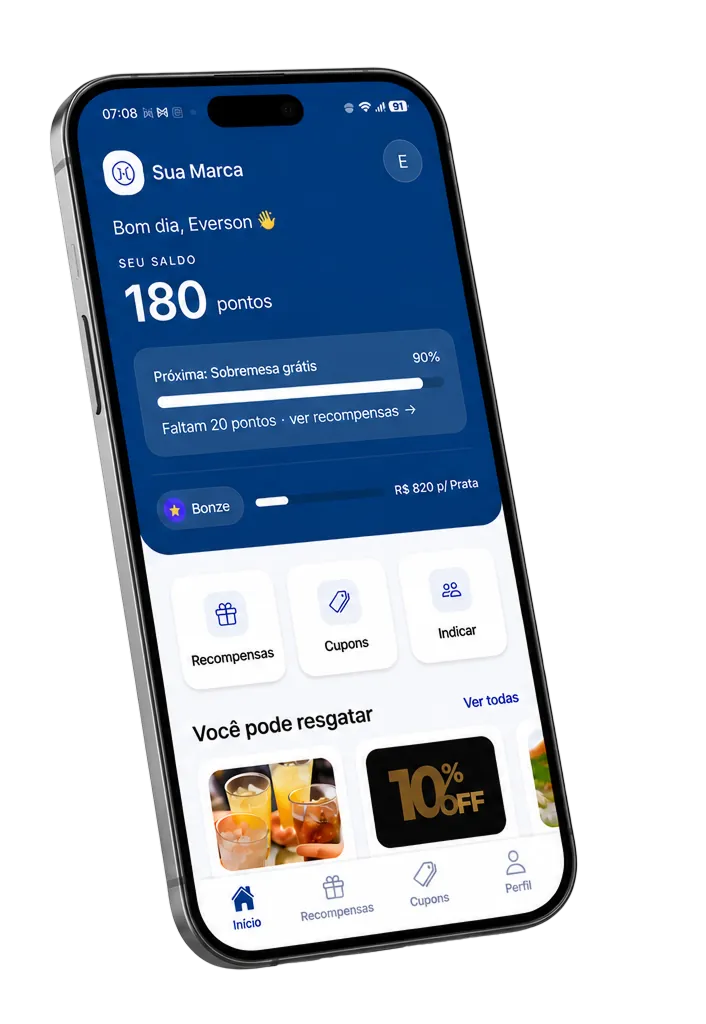 App de fidelidade do Reton na marca da loja: saldo em pontos, próxima recompensa, nível e recompensas para resgatar