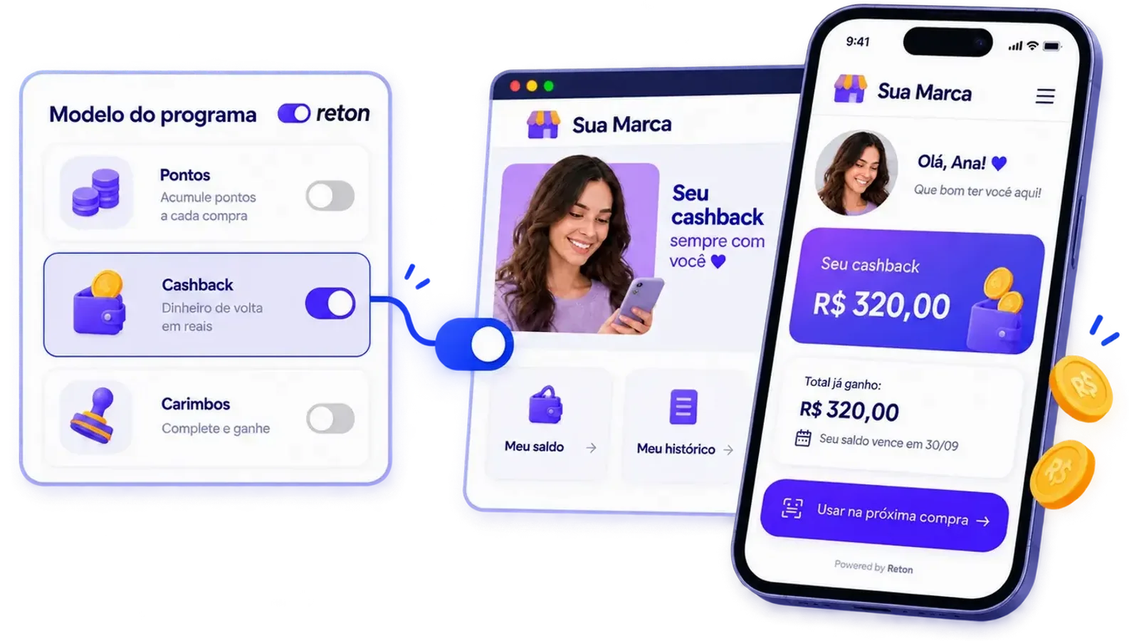 Portal de fidelidade com a marca da loja: a cliente vê o saldo de cashback no celular e usa na próxima compra