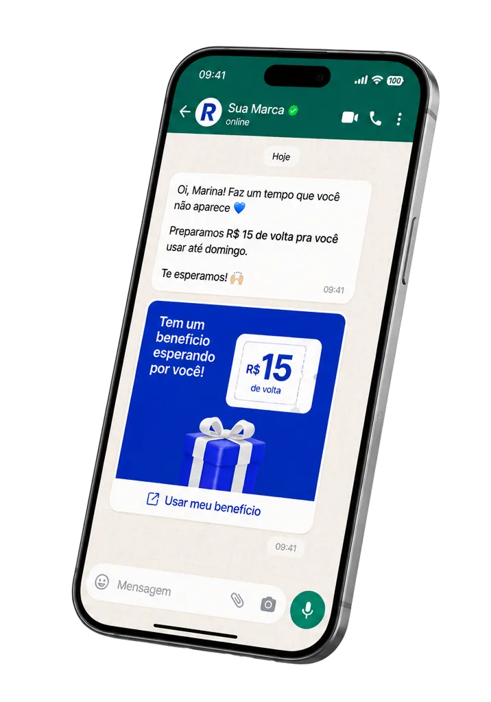 Mensagem de reativação no WhatsApp disparada pelo Reton: 'faz um tempo que você não aparece' com um benefício de R$ 15 de volta